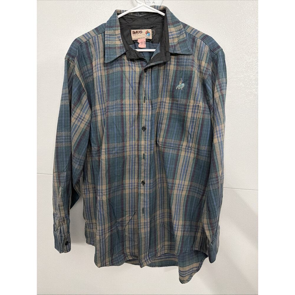 IMUS Santa‎ Fe Buffalo Plaid Flannel Shirt Mens L Embroidered Western USA MADE